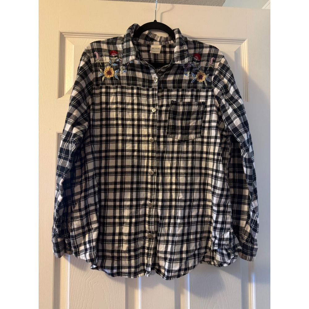 Blair Womens Black White Plaid Flannel Shirt Floral Embroidered Cotton XL